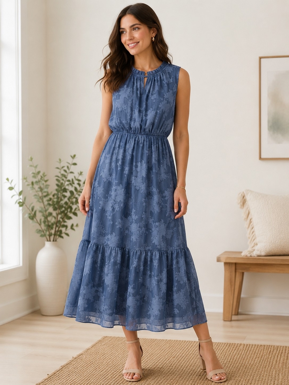 Socialite Dusty Blue Floral Jacquard Tiered‎ Sleeveless Maxi Dress NWT Size L